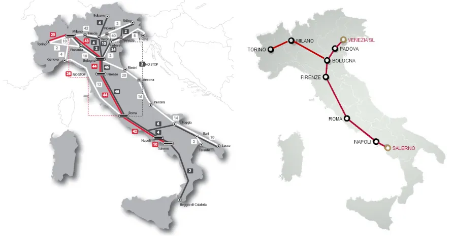 Figure 3 – Main 2012 long distance rail services in Italy, operated on a market basis