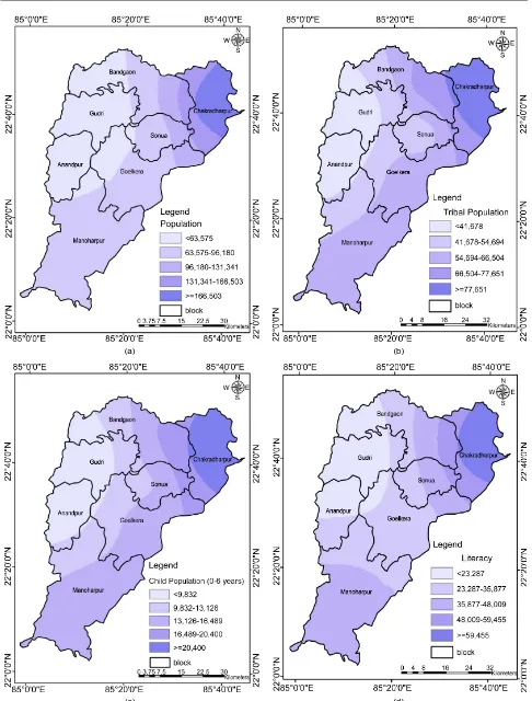 Figure 5. Maps of malaria affecting socio-economic parameters; (a) General population map; (b) Tribal population map; (c) Child population map; (d) Literacy map