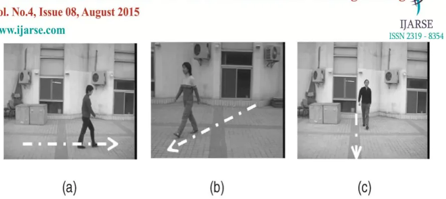 Fig. 2. Some Sample Images in the NLPR Gait Database: (a) Lateral View, (b) Oblique View, and (c) Frontal View 