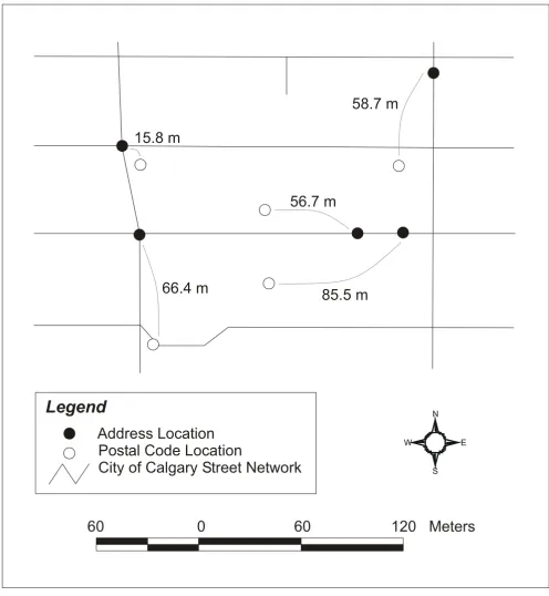 Figure 2Example of a small area in the City of Calgary indicating address and postal code locationsExample of a small area in the City of Calgary indicating address and postal code locations