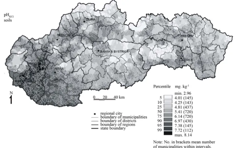 Figure 1. Mean values of pHKCl in soils for municipalities of the Slovak Republic. 