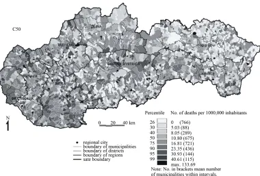 Figure 2. Relative mortality from the breast cancer in the years 1986-2008 in municipalities of the Slovak Republic