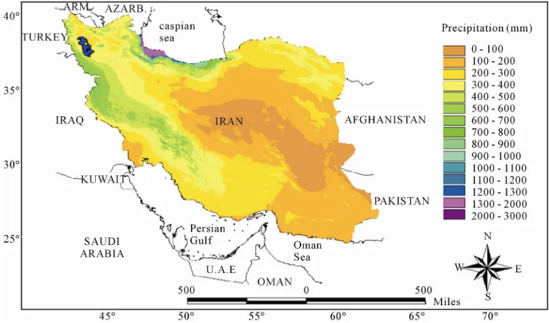 Figure 1. Geographic position and average annual precipitation of the study area (Iran)