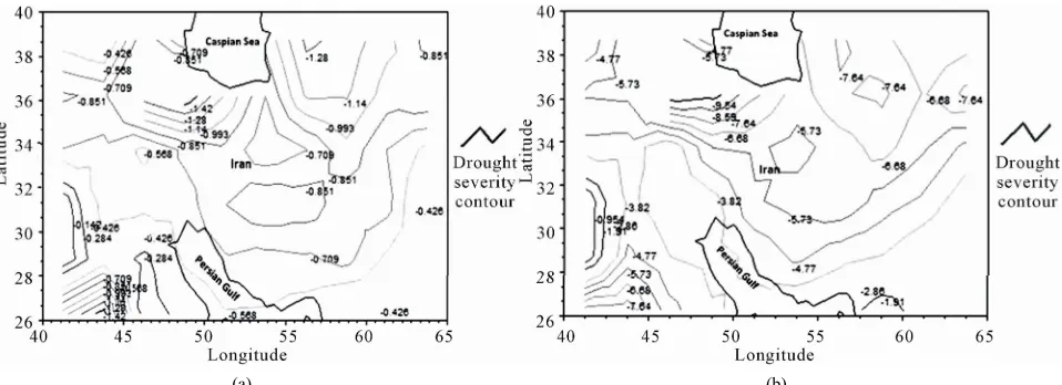 Figure 4. Spatial patterns of the PDSI during 1951-2005 (a) and 1999-2002 (b) in Iran