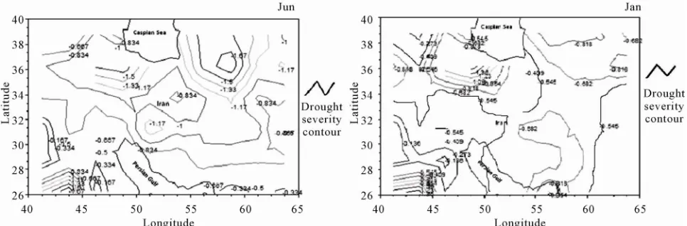 Figure 6. Examples of the spatial monthly patterns of the PDSI during 55 years for Jun (left) and Jan (right), the produced maps for each of the months of year (12 months) are available at Annex