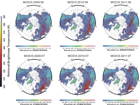Figure 2. MODIS FIRMS fire hotspot retrievals (K, 1 km resolution) during June and July 2009-2011 projected on the ACE2 DEM (1 km resolution)