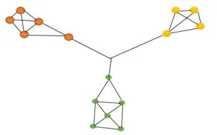 Fig 1: A simple social network showing communities (each community is colored differently) 