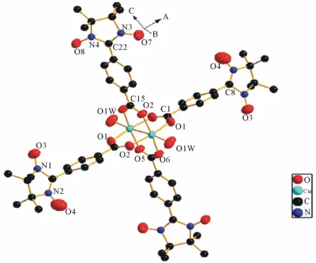Figure 1. View of the moiety of the complex 1  [Zn2(NITpBA)4(H2O)2]. All hydrogen atoms are omitted for clarity