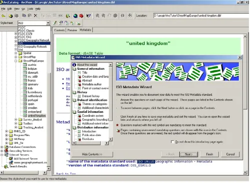 Figure 3Screenshot of ArcCatalog, part of ArcGIS Desktop 8.3 from ESRIWith ArcIMS Metadata Services, users can create a central, online metadata repository for publishing and browsing metadata and create, manage, and edit associated metadata