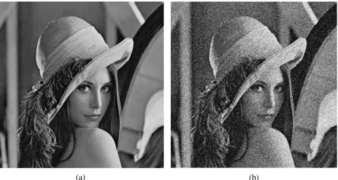 Figure 2.2: Image a ffected with additive white Gaussian noise (a) Noise-free image. (b) Image a ffected with Gaussian noise (σ = 40)