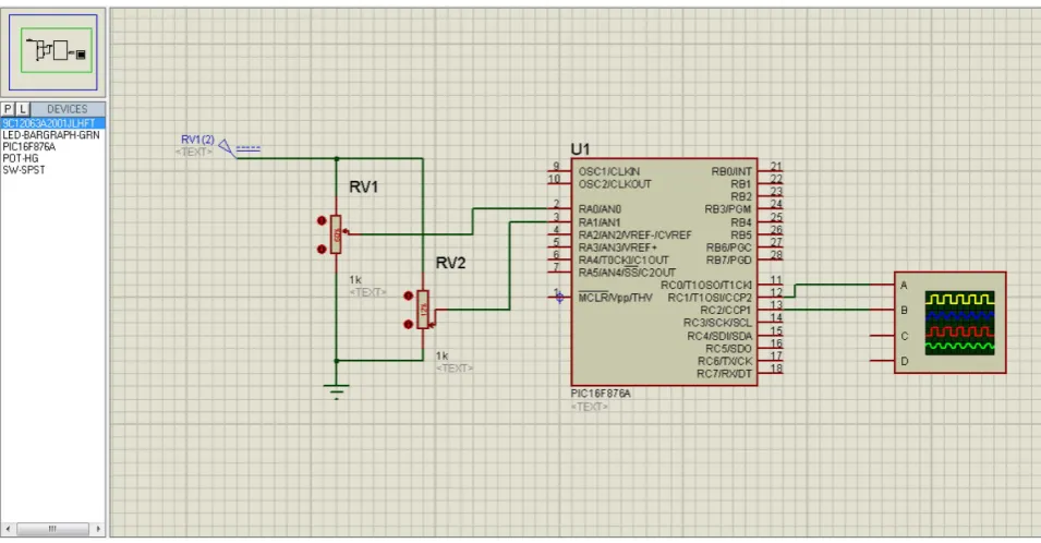 Figure 9. Design of a microcontroller based PWM controller designed in Proteus. 