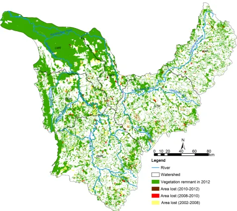 Figure 7. Loss of native vegetation in the Miranda River hydrographic Basin during 2002, 2008, 2010 and 2012