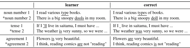 Table 5: Examples of system output for article and lexical choice of noun error
