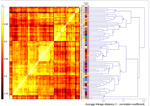 Figure 5 Heat map visualization of pair-wise correlation coefficients and corresponding hierarchical clustering dendrogramthe eight most distinct non-singleton clusters are labeled by asterisks