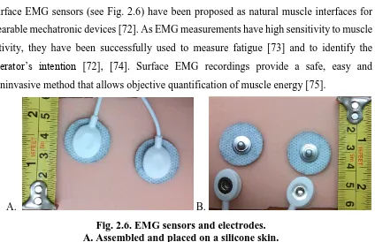 Fig. 2.6. EMG sensors and electrodes.  A. Assembled and placed on a silicone skin.  