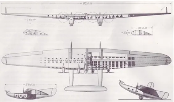Figure 7. Hugo Junkers’s 1924 design for a giant airplane closely approx-imated a true flying wing in concept [16]