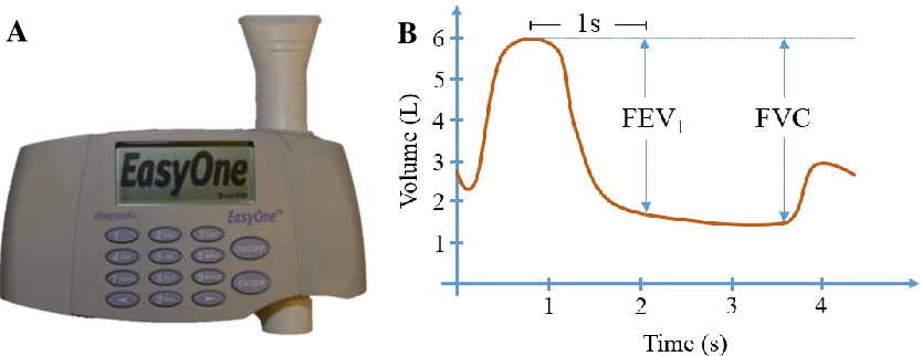 Figure 1-2: Spirometry measurement. Panel A shows an EasyOne hand-held spirometer. To perform a measurement, the subject takes a deep breath all the way in, then is asked to blast the air as fast and hard as possible all the way out through the mouthpiece