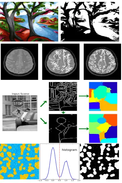 Figure 1.1: Examples for diﬀerent kinds of segmentation. First row: example of thresholding
