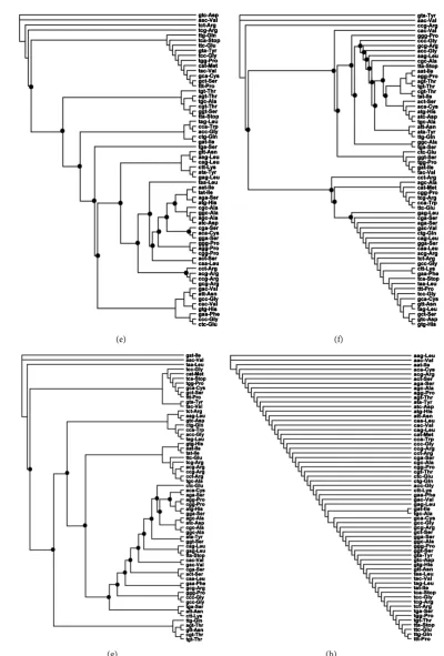 Figure 2. Phylogenetic trees of 62 cod on sequences with a degree of similarity of s = 10, s = 35, s = 45 and s = 50 for the antipa-phylogenetic tree with s = 10; (b) Antiparallel phylogenetic tree with s = 10; (c) Parallel phylogenetic tree with s = 35; (
