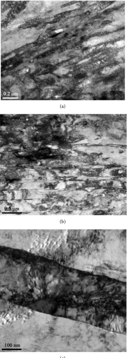 Figure 8. Electron micrographs (TEM) of 600 nickel alloy heat treated at 673K during 1800 s followed by intense deformation–SPD process, route BC, two passes: (a), (b) Gen-eral aspects of the microstructure, subgrains presence inside elongated grains in th