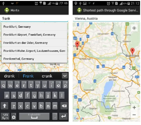 Figure 1: Autosuggestion and marked places on implemented Android application  