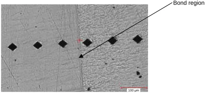 Figure 15. Micro hardness test indentation marks for Ti-Cu bonded sample (at 973 K for 2 hours)