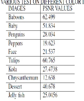 table 5.1: various test on different color images images psnr values 