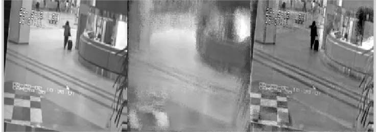 Fig. 5. From upper to lower: original frames in airport video; alignedframes, backgrounds and foregrounds obtained by  t-OMoGMF