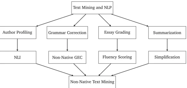 Figure 3.1: Dichotomy of non-native text mining as part of the general text mining and NLP domains.