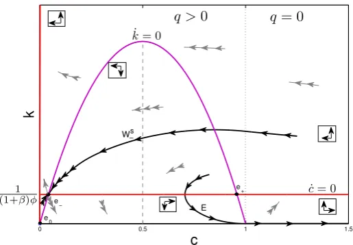 Figure 1: Candidate maximizing trajectories W s− and E in the state-control space.