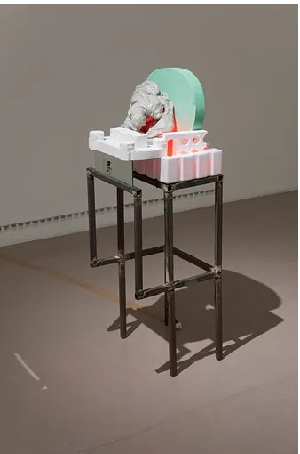 Figure 14: Untitled (Composition VIII), epoxy putty, foam packaging, high density foam, wood, plaster, LED light tape, mirror, and steel, dimensions variable, 2015