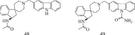 Figure 10. MCH2 receptor antagonists: (48) (R)-N-(1'-((9H- ro[indene-1,4'-piperidine]-1'-yl)methyl)-9H-carbazole-9-car- boxamide.carbazol-3-yl)methyl)-2,3-dihydrospiro[indene-1,4'-piperi- dine]-3-yl)acetamide; (49) (R)-3-((3-acetamido-2,3-dihy-drospi-  