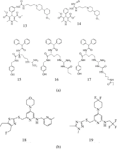 Figure 3. NPY1 receptor antagonists: (a) (13) 4-[3-(3-{3-[4-(3- Methoxy-cyclohexyl)-piperidin-1-yl]-propyl}-ureido)-phenyl]- 2,6-dimethyl-1,4-dihydro-pyridine-3,5-dicarboxylic acid dimethyl ester; (14) 4-{3-[(Cyanoamino-{3-[4-(3-methoxy-cyclohexyl)- piperi