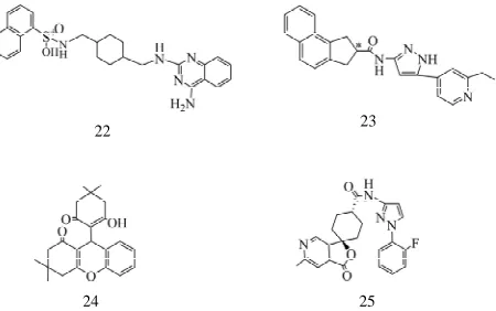 Figure 4. NPY2 receptor antagonists: (20) N-(1-Acetyl-2,3- dihydro-1H-indol-6-yl)-3-(3-cyano-phenyl)-N-[1-(2-cyclopentyl- ethyl)-piperidin-4-yl]-acrylamide; (21) N-{4-[4-(Diethyl-car- bamoyl-phenyl-methyl)-piperazin-1-yl]-3-fluoro-phenyl}-2- pyridin-3-yl-b