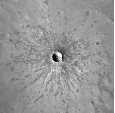 Figure 1.7: Winslow crater (1.1 km diameter) on Mars (59.16° E, 3.74° S) displaying a radial ejecta morphology (CTX image ID: P08_004313_1780_XI_02S301W)