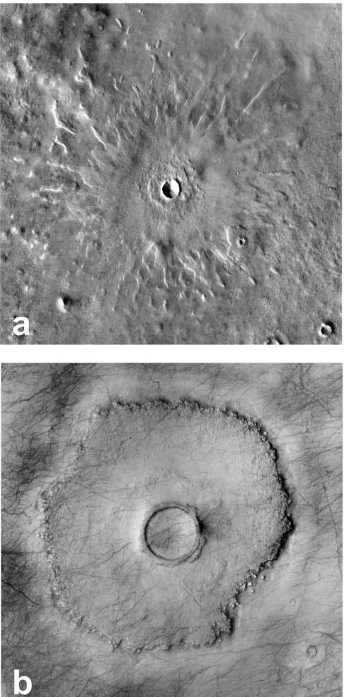 Figure 1.10: Example of a LARLE (a) and pedestal (b) crater on Mars. (a) 5 km 