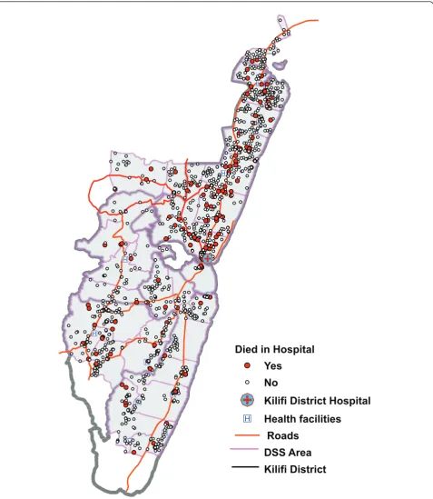 Figure 1 The distribution of adult deaths, March 2007-June 2010represent the 145 deaths that occurred in the Kilifi district hospital, and the white dots represent the overall death distribution between March2007 and June 2010