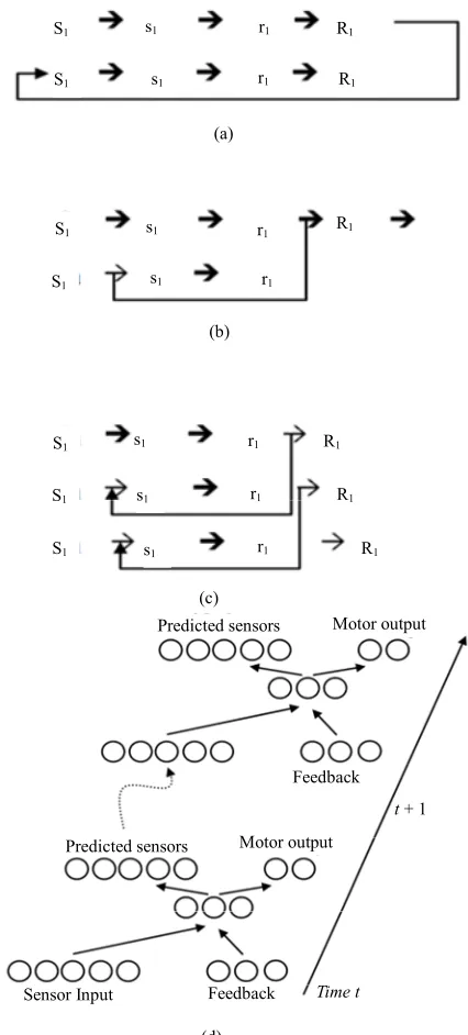 Figure 3. (a)-(c) The basic principle of Hesslow’s simulation hypothesis (adopted from [5]); (d) The basic approach to simulation of perception in robots used by [7,13]