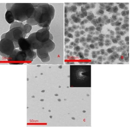 Fig. 2: TEM images of copper nanoparticles with variable concentration of L-ascorbic acid: (A) 