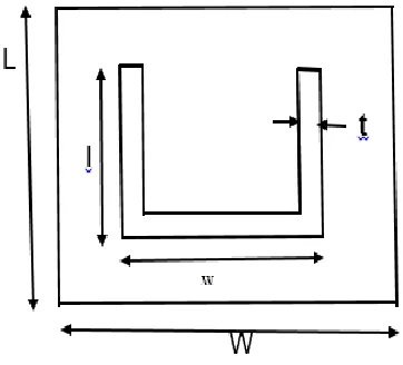 Fig. 1. U slot patch antenna with geometrical dimension L=40, W=50, l=16, w=13, t= 0.02 (units: 