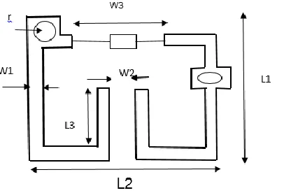 Fig. 5.  Unit cell structure of GRIN lens with dimension L1=3.6, L2=2.4, L3=1.3, W1=0.15, W2=0.2, W3=1.2, r=0.13 (units: mm) 