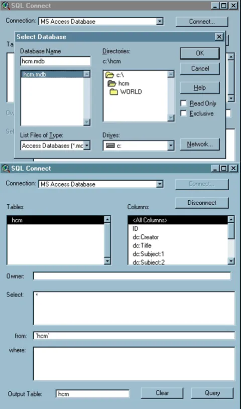 Figure 11Screenshot of ArcView "SQL Connect" dialogue boxScreenshot of ArcView "SQL Connect" dialogue box