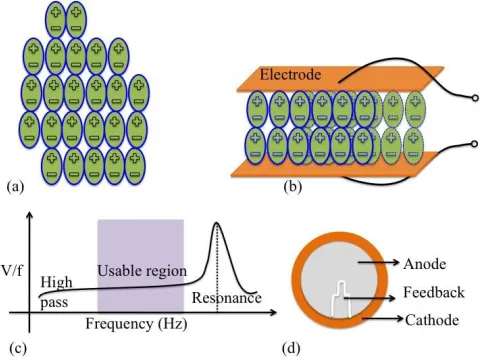 Fig 1. (a) Internal structure of an electret material, (b) Common method of piezo electric charge collection with electrodes on top and bottom layer, (c) Piezo-electric frequency response, (d) Readily available piezo-electric sensor 