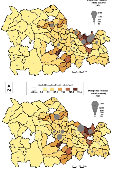 Fig. 3 Geographical distribution of dumpsites volumes (2004 vs. 2009)