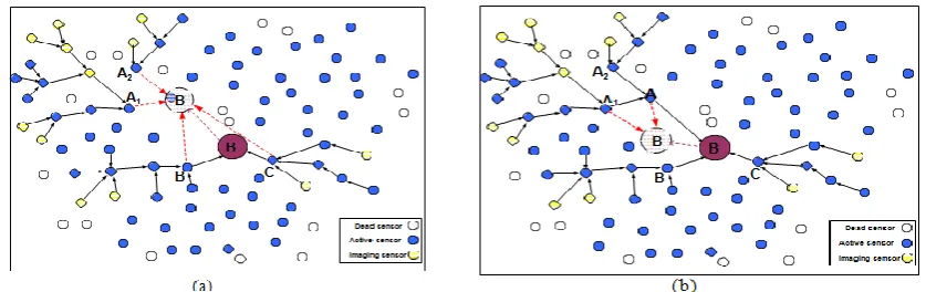Fig 2. (a) The DC (denoted as B) is relocated to the location of A if the delay is not extended on the path from C to B (b) If real-time traffic through C is affected, B is relocated close to C while still splitting traffic at A