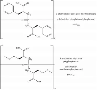Figure 3.2: Chemical structures of the L-phenylalanine ethyl ester (PP-F100methionine ethyl ester (PP-M) and L-100) based polyphosphazene materials