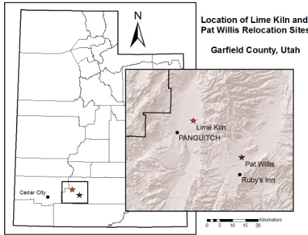 Figure 1. Utah prairie dog study area locations: the source population site at Cedar Ridge Golf Course in Cedar City, Iron County; Lime Kiln and Pat Willis Wash relocation areas