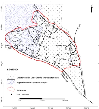 Figure 1. Simplified geological map of the study area showing the VES points. 