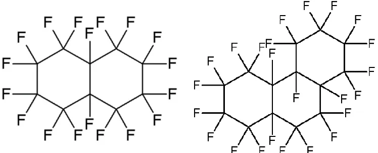 Figure 3-1: Molecular structure of perfluorodecalin (PFD, left) and perfluoroperhydrophenanthrene (PFP, right) 