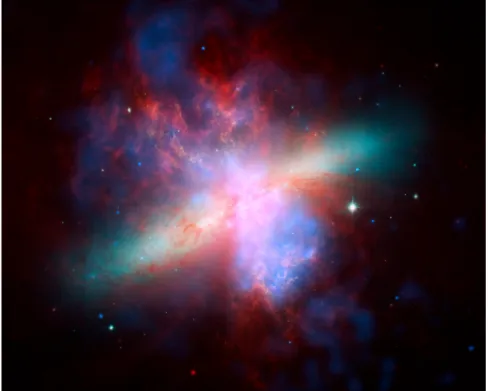 Figure 1.3: Multiwavelength image of M82, where blue represents X-rays, green and orange colors are optical light, and red is mid-infrared light imaged with the Chandra X-ray Observatory, Hubble Space Telescope, and Spitzer Space Telescope, respectively